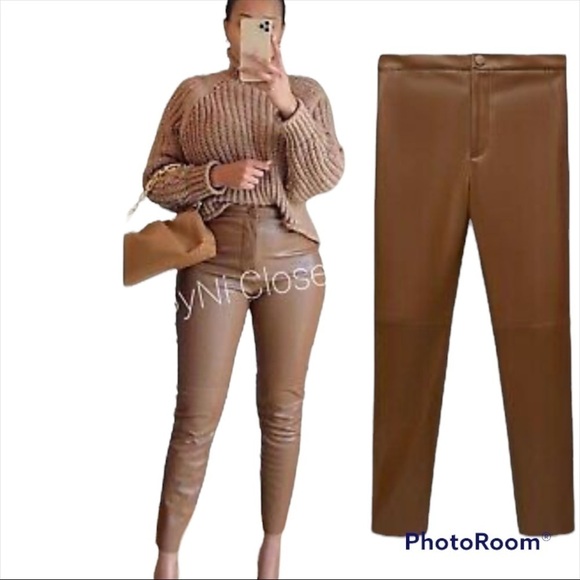 NWT ZARA Camel High Rise Faux Leather Ankle Zip Leggings XS - Picture 6 of 10